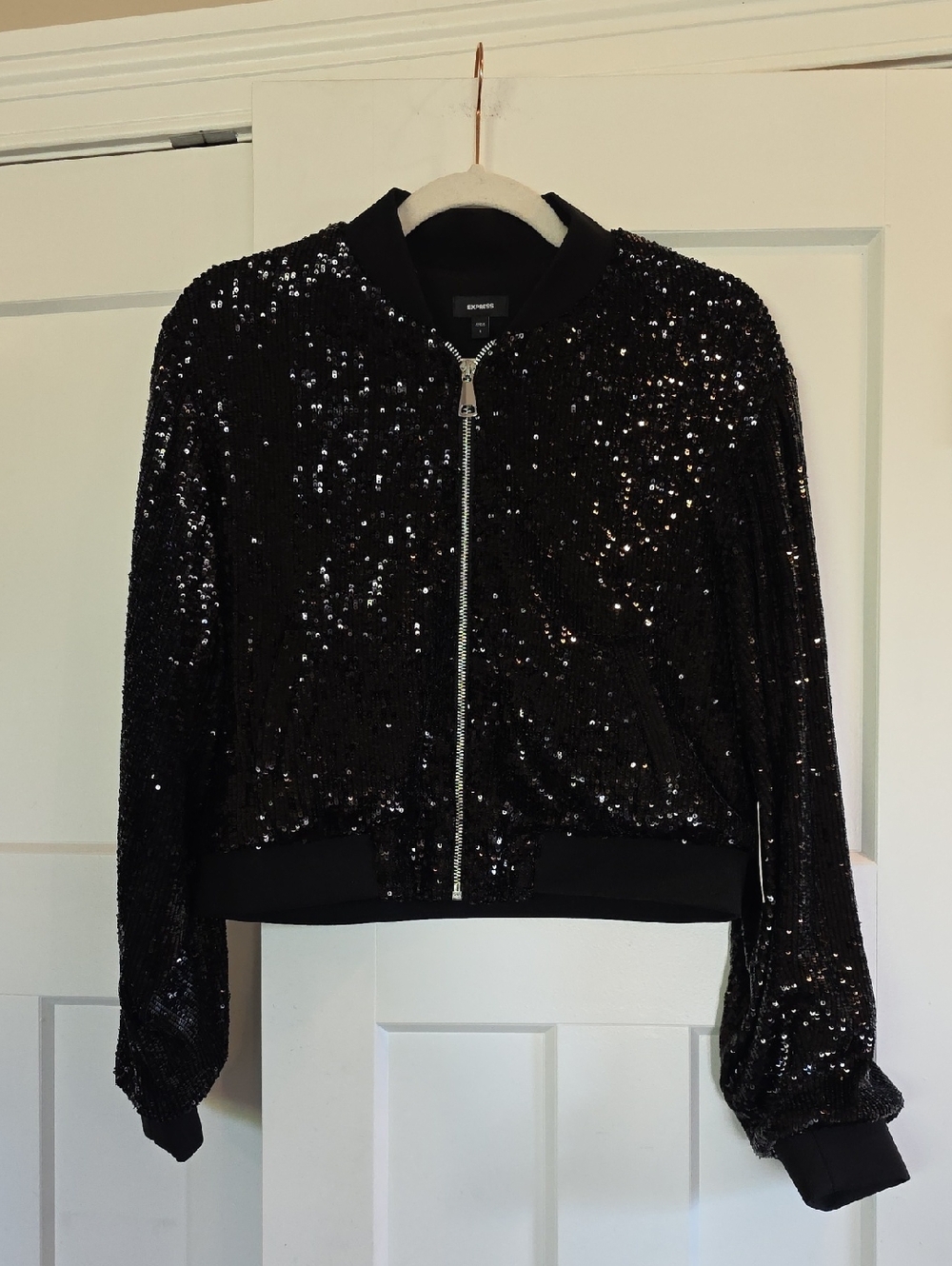 NWT Express Black Sequin Bomber Jacket with Silver Zip